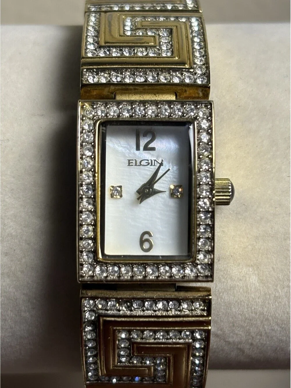 Women's Elgin White Mother Pearl Dial Crystal Accents On Bracelet Band Watch 04